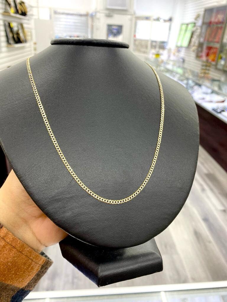 10K Yellow Gold Cuban Chain Necklace Two Tone 2.4mm for Kids Womens Mens Diamond Cut