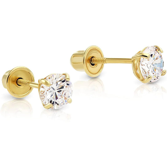 14K Yellow Gold CZ Stud Earrings Screw Back for Kids Womens and Mens Gifts