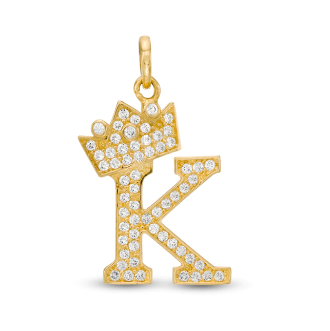 Initial Letter Pendant CZ Crown Charm in 14K Yellow Gold For Mens Womens Kids