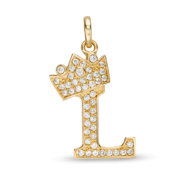 Initial Letter Pendant CZ Crown Charm in 14K Yellow Gold For Mens Womens Kids