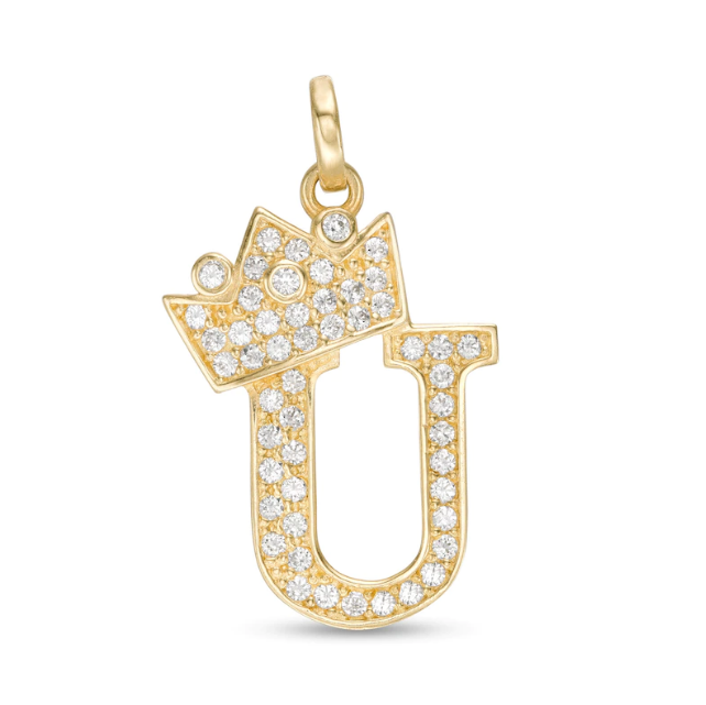 Initial Letter Pendant CZ Crown Charm in 14K Yellow Gold For Mens Womens Kids