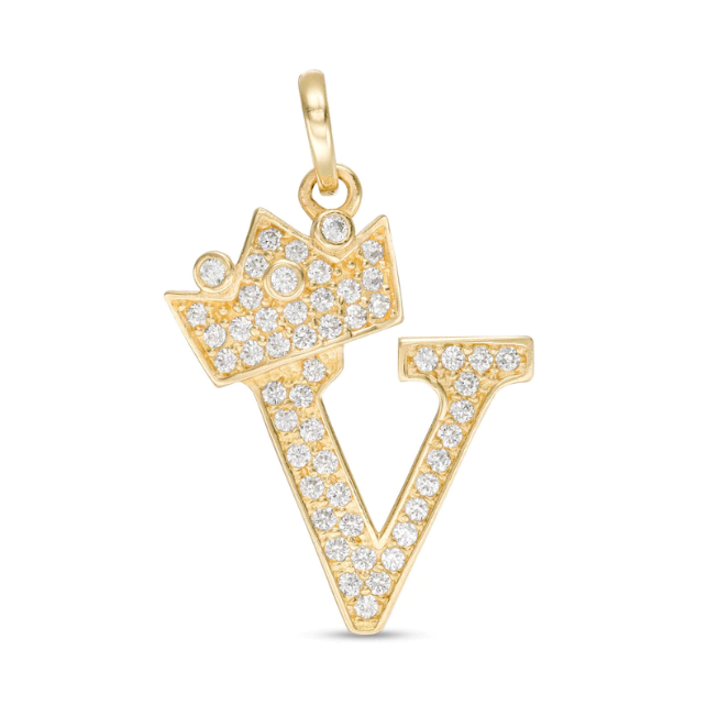 Initial Letter Pendant CZ Crown Charm in 14K Yellow Gold For Mens Womens Kids