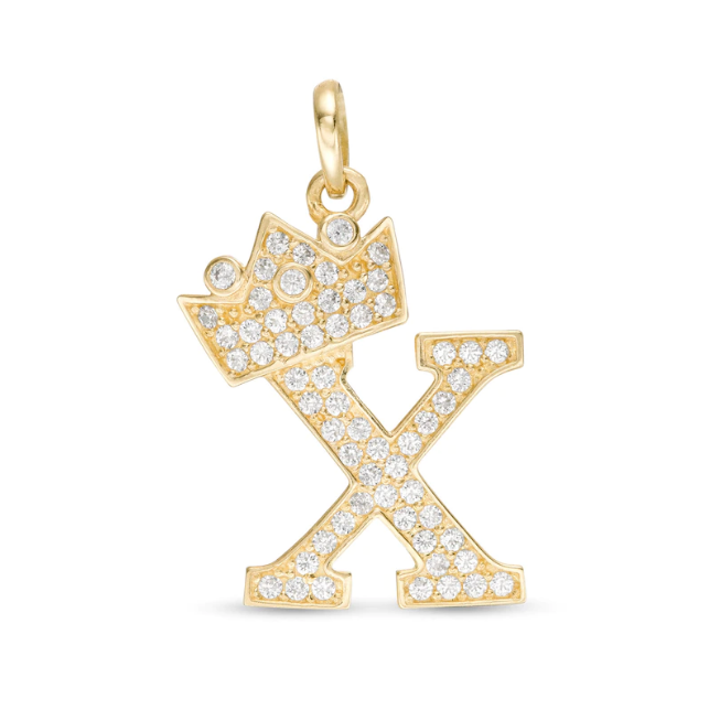 Initial Letter Pendant CZ Crown Charm in 14K Yellow Gold For Mens Womens Kids