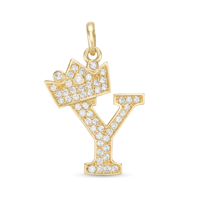 Initial Letter Pendant CZ Crown Charm in 14K Yellow Gold For Mens Womens Kids