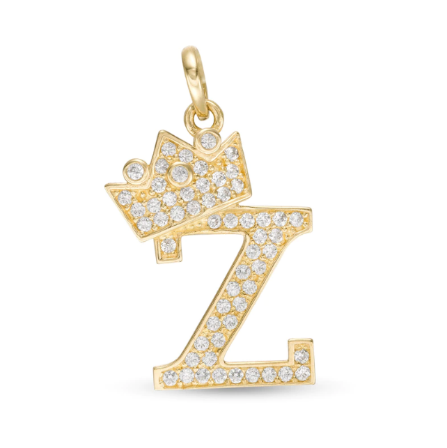 Initial Letter Pendant CZ Crown Charm in 14K Yellow Gold For Mens Womens Kids