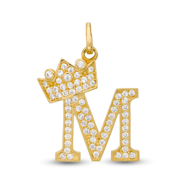 Initial Letter Pendant CZ Crown Charm in 14K Yellow Gold For Mens Womens Kids