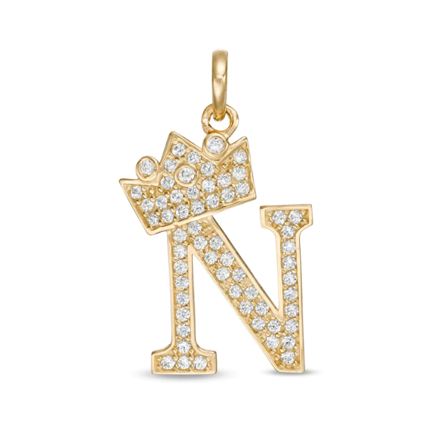 Initial Letter Pendant CZ Crown Charm in 14K Yellow Gold For Mens Womens Kids