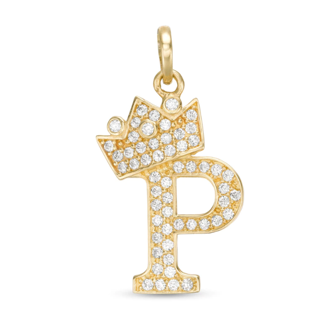 Initial Letter Pendant CZ Crown Charm in 14K Yellow Gold For Mens Womens Kids