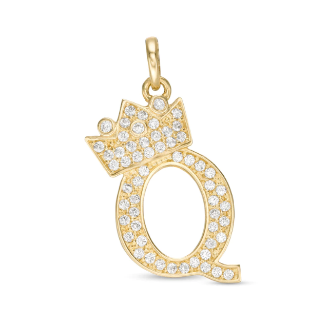 Initial Letter Pendant CZ Crown Charm in 14K Yellow Gold For Mens Womens Kids