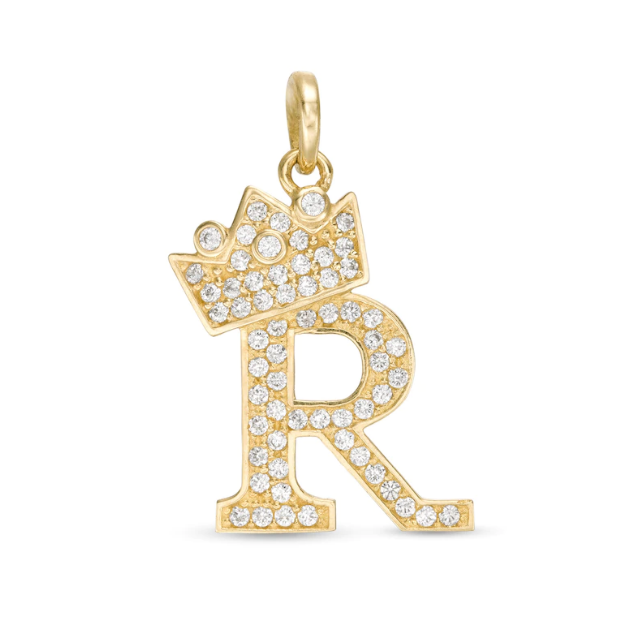 Initial Letter Pendant CZ Crown Charm in 14K Yellow Gold For Mens Womens Kids