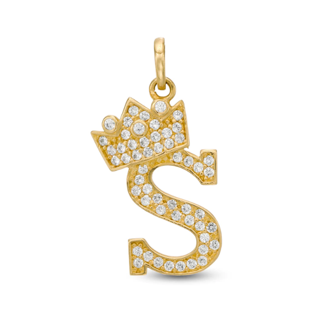 Initial Letter Pendant CZ Crown Charm in 14K Yellow Gold For Mens Womens Kids